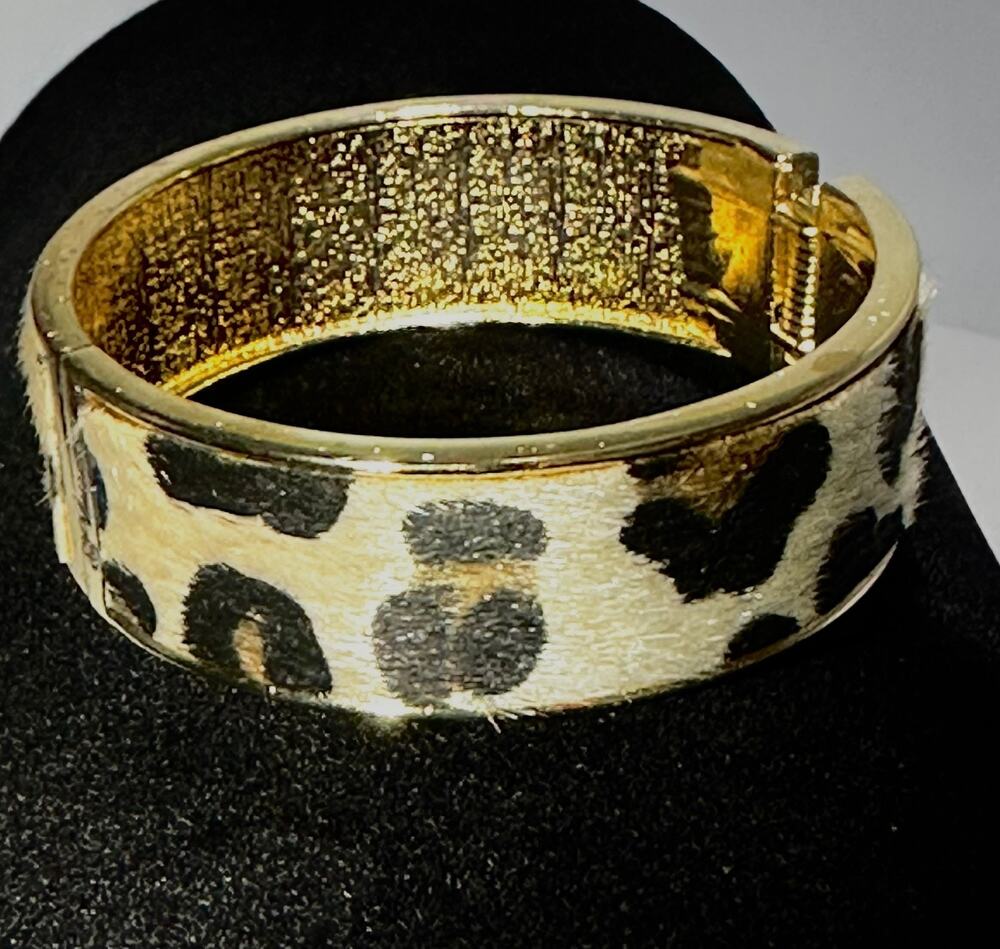 Plunder Gold Tone Leopard Print Hinged Bangle Cuff Bracelet